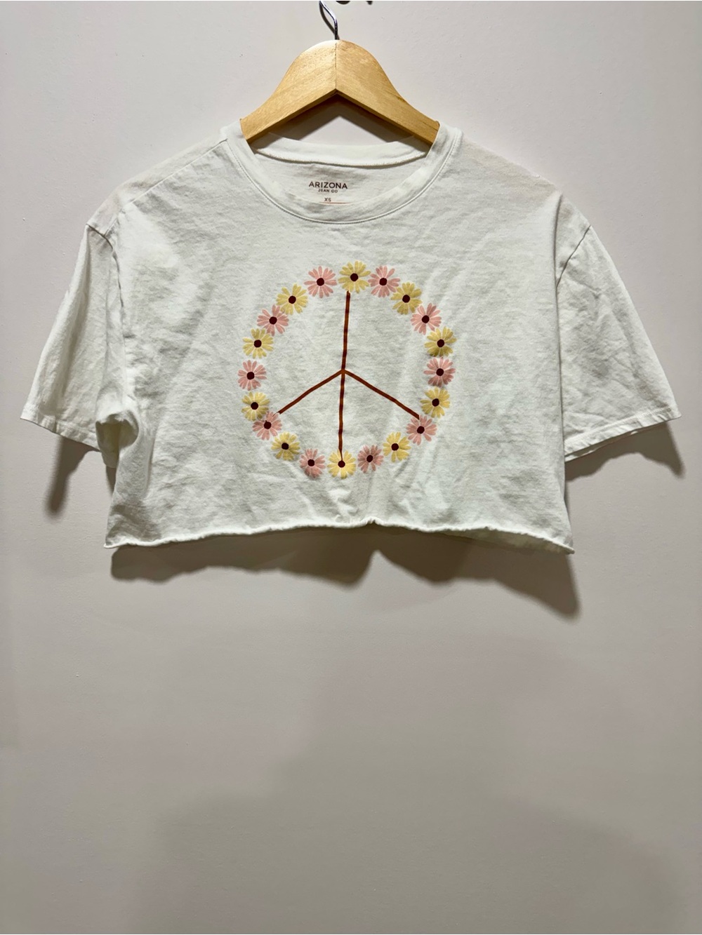 Arizona Jean Co Floral Peace Sign Graphic Relaxed Crop Tee White Raw Hem Boho XS